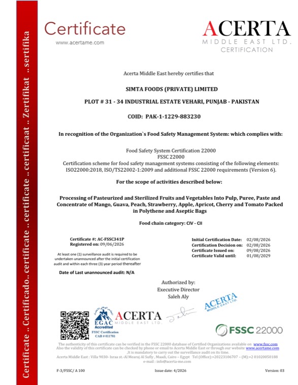 FSSC 22000 certificate issued to Simta Foods
