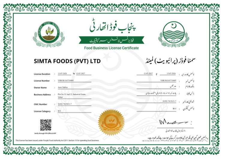 Punjab Food Authority certificate issued to Simta Foods